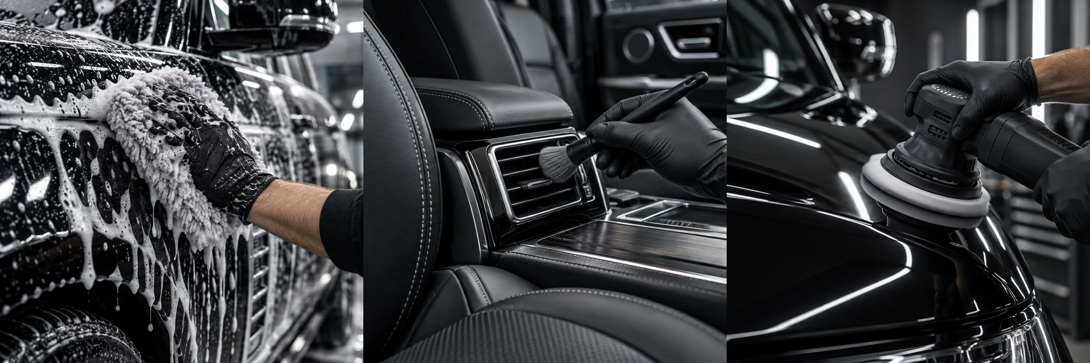 A detailer carefully hand-washing a foamed black vehicle
